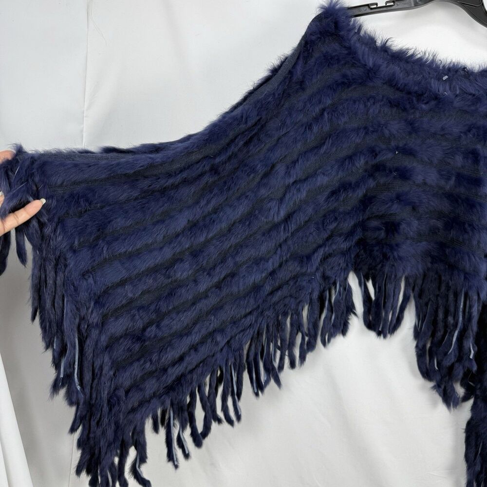Navy Blue Faux Fur Poncho Cape Fringe Women’s One Size Soft Cozy Wrap - Picture 5 of 14
